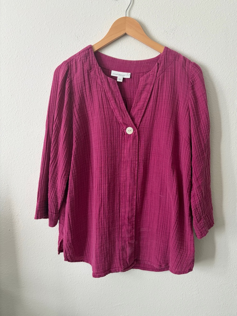 Pure Jill Organic 100% Cotton Gauze V-Neck Top Sz S Magenta Pink Purple